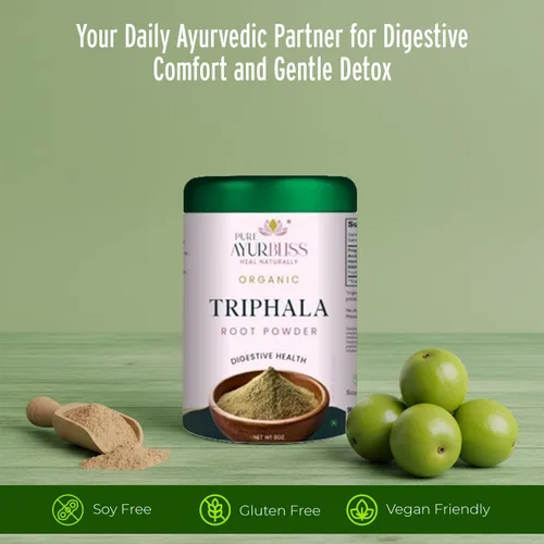 Vista 2 de Polvo de trifala 100% orgánico, mezcla ayurvédica con polvo Amla y Haritaki, y Bibhitaki para la salud intestinal, salud digestiva, desintoxicación