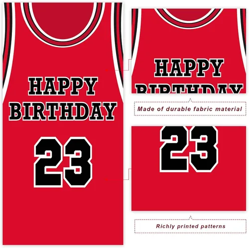 Vista 3 de Fondo de pancarta de feliz cumpleaños 23, fondo rojo de baloncesto estrella jugador de deportes decoración para hombre niño primer cumpleaños fiesta