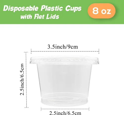 Vista 2 de Qyyiguf Paquete de 100 Vasos de Plástico Desechables de 8 OZ con Tapas Planas, Vasos Transparentes para Postre Recipientes de Plástico, Mini