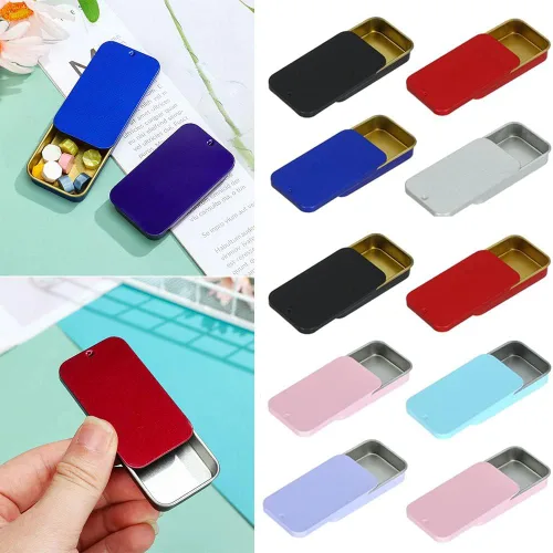 Vista 2 de gofidin Latas vacías de metal, mini caja de hierro con tapas deslizantes, caja de almacenamiento rectangular para almacenamiento de joyas de boda