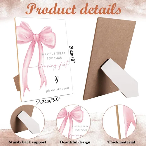 Vista 2 de Letreros de boda de madera con tema de lazo rosa, letrero con texto en inglés "A Little Treat for Your Dancing Fees", centros de mesa para mesas