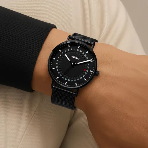 Vista 5 de a.b.art Reloj de cuarzo para hombre, movimiento Ronda con piezas suizas, cristal de zafiro, correa de malla milanesa, diseño ultrafino, esfera negra