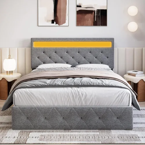 Vista 7 de Base de cama Queen con cabecera de luces LED, marco de cama LED con puerto USB de carga rápida, marco de cama de plataforma tapizada, no necesita