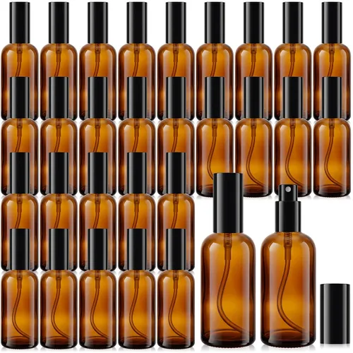 Vista 10 de Roshtia 30 botellas vacías decorativas transparentes de 0.33 onzas fluidas de color madera de haya con atomizador de perfume recargable, con bomba