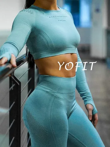 Vista 3 de YOFIT - Conjunto deportivo de 2 piezas leggings de yoga de cintura alta sin costuras y crop top con manga larga para mujer, juego de ropa