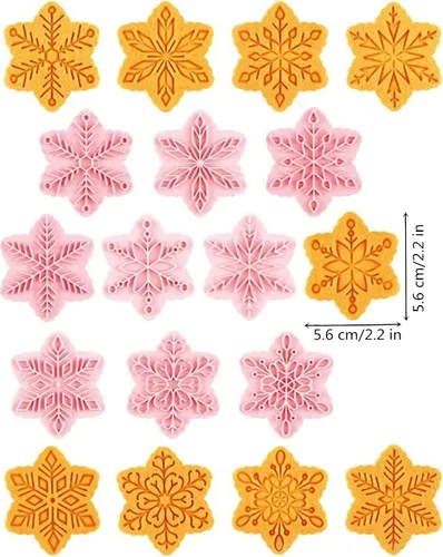 Vista 3 de Juego de 9 patrones de sellos de galletas de copo de nieve 3D, plástico de grado alimenticio, 6 ramas con forma de copos de nieve, cortadores