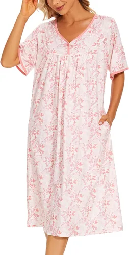 Vista 2 de AVIIER Camisones de noche de algodón suave para mujer, ropa de dormir de manga corta con bolsillos