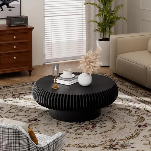 Vista 7 de Mesa de centro redonda de tambor estriado para sala de estar, mesas de centro modernas de mediados de siglo con pedestal resistente, mesa de té negro