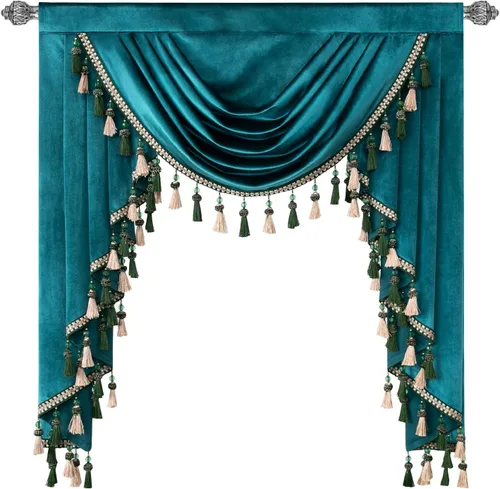 Vista 18 de VOGOL Cenefa de cortinas de terciopelo grueso para dormitorio, cenefas de cascada de lujo con aislamiento térmico dorado para sala de estar formal