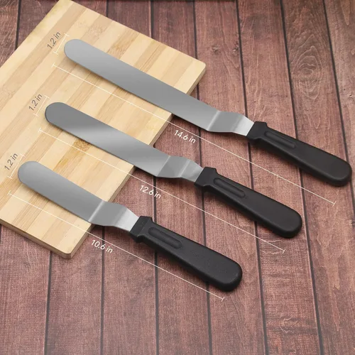 Vista 2 de Espátulas de glaseado de acero inoxidable con 3 raspadores más suaves para tartas, juego de espátulas profesionales con 6, 8, 10 pulgadas