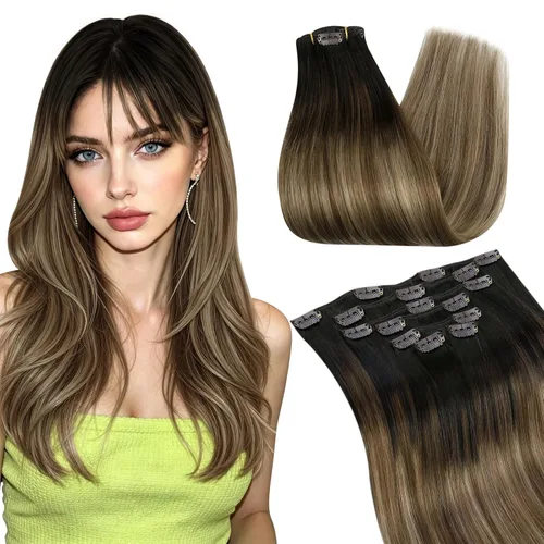 Vista 11 de Ugeat Extensiones de cabello humano con clip de 12 pulgadas, extensiones de cabello balayage con clip, marrón chocolate ombre, extensiones