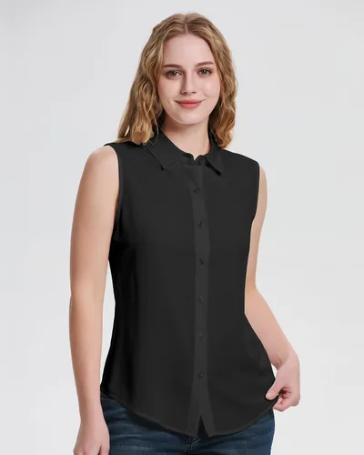 Vista 3 de YAMANMAN Camisas sin mangas con botones para mujer, blusa clásica con cuello en V