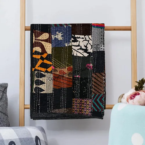 Vista 3 de Boho Sanskriti Colcha de seda india Kantha de retazos de seda tamaño Queen Twin Patola Colcha