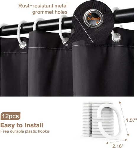 Vista 4 de Cortina de ducha Lalumix negra floral, cortinas de ducha con flores para baño con 12 ganchos, juegos de cortinas de ducha de tela de poliéster