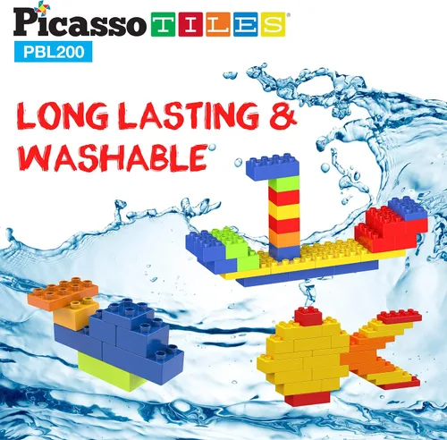 Vista 5 de PicassoTiles Juego de 200 piezas de bloques de construcción de ladrillos de construcción grandes, juego de ladrillos STEM, juego de aprendizaje
