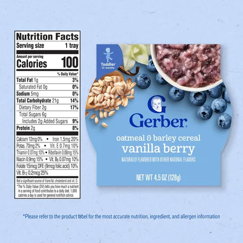 Vista 7 de Gerber Comida para Niños Pequeños, Comida para Bebés, Cereal de Avena para el Desayuno con Cebada, Sabor Vainilla y Frutas del Bosque, Cereal