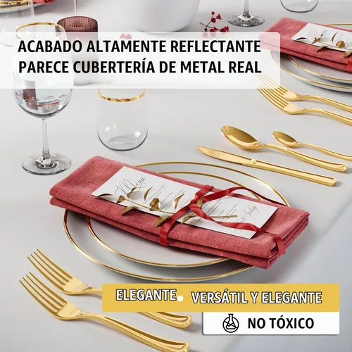 Vista 3 de Exquisite Juego de cubiertos de plástico dorado, 120 piezas de cubiertos de plástico dorado, desechables, tenedores desechables, juego de cubiertos