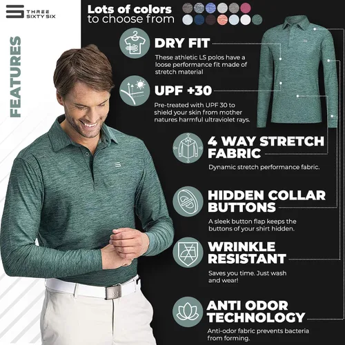 Vista 5 de Camisa de golf de manga larga Dry Fit para hombre, polo de secado rápido, UPF 30, tejido elástico