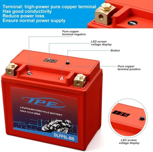Vista 4 de TPE - Batería de litio de 12V para motocicletas YTX5L-BS 3AH 300CCA con BMS inteligente y pantalla LCD LiFePO4, batería de arranque