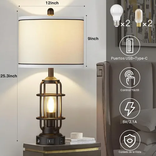 Vista 2 de Modern Table Lamps Set of 2, Industrial 3-Way Dimmable Bedside Lamp with USB A+C Ports & AC Outlet, 25" Touch Control Nightstand Lamp LED Night