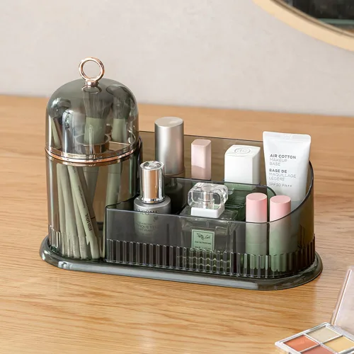 Vista 6 de Organizador de maquillaje, organizador de cuidado de la piel con soporte para cepillo, almacenamiento dividido para cosméticos, almacenamiento
