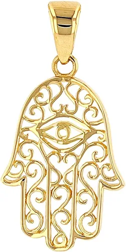 Vista 2 de Collar con colgante de filigrana de oro amarillo macizo de 14 quilates con mano Hamsa de Fátima con mal de ojo