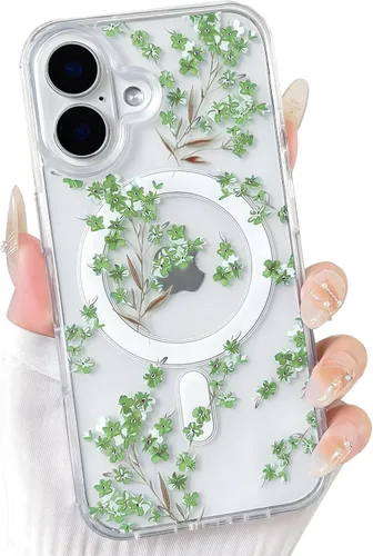 Vista 74 de NITITOP Funda magnética transparente compatible con iPhone 14 Plus/15 Plus, compatible con MagSafe lindas flores, hojas florales para mujeres