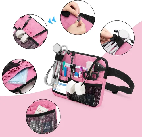 Vista 2 de Damero - Cangurera para enfermera con bolsillos para equipos médicos y soporte para cinta, color rosa