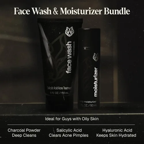Vista 2 de Black Wolf Paquete de gel hidratante sin aceite y lavado facial para piel grasa, limpieza profunda, paquete de 2 piezas, polvo de carbón y ácido