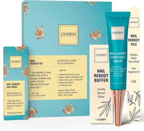 Vista 9 de Onsen Secret Kit completo de reinicio de uñas con aceite de cutícula de 0.3 fl oz, lima de uñas de grano 120/180 de doble cara, un bloque