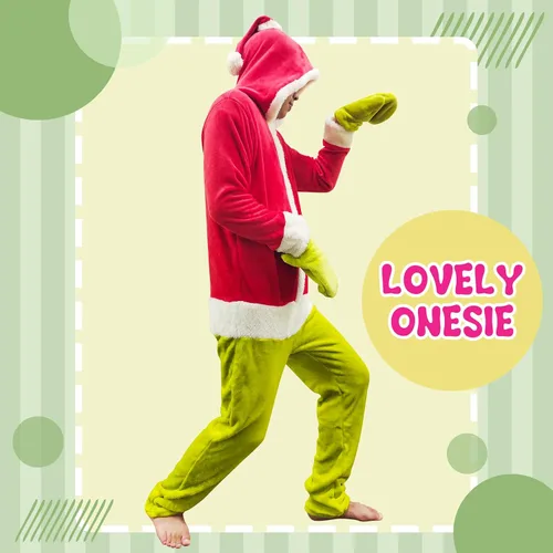 Vista 4 de Mono de Papá Noel, monstruo verde, unisex, para adultos, pijama con capucha de Navidad, disfraz de fiesta