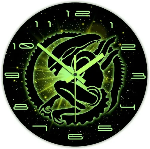 Vista 2 de The Geeky Days Alien Xenomorph Reloj que brilla en la oscuridad, funciona con pilas, silencioso de cuarzo, película de ciencia ficción, luminoso, 12