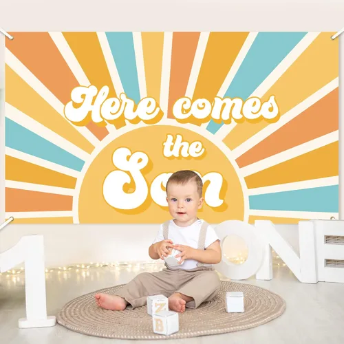 Vista 6 de Here Comes The Son - Telón de fondo para baby shower, estilo bohemio, retro, apagado, amanecer, decoración para colgar en la pared, fiesta