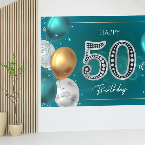 Vista 7 de HAMIGAR Fondo de pancarta de feliz cumpleaños 50 de 6 x 4 pies, decoraciones de cumpleaños de 50 años, suministros de fiesta para mujeres y hombres