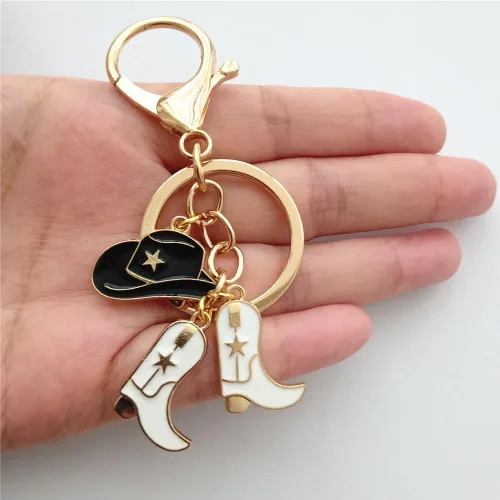 Vista 2 de Lindo llavero de vaquero para hombres y mujeres, sombrero de vaquero y botas de vaquero, joyería creativa para amantes de la joyería occidental