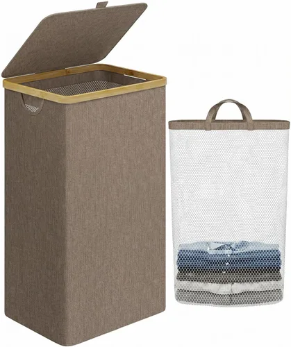 Vista 17 de iEGrow Cesta de lavandería con tapa, cesta grande de lavandería de 110 litros con asa y tapa, organizador de ropa plegable con bolsa interior Beige