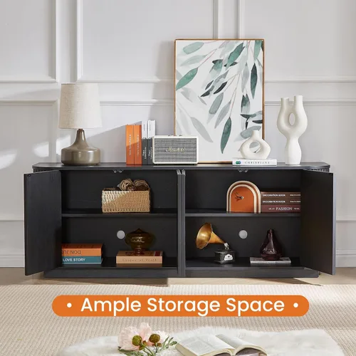 Vista 7 de LKTART Aparador de 64 pulgadas con almacenamiento, armario de almacenamiento de madera acanalada, aparador Credenza con estantes ajustables, resorte