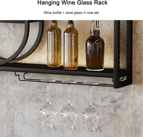 Vista 5 de Estantes para vinos, estantes de bar montados en la pared con estante colgante para copas de vino, estante de exhibición de botellas de licor