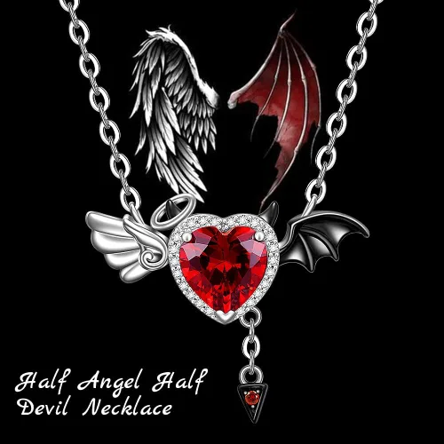 Vista 5 de Collar de medio ángel y medio diablo, símbolo de amor y ángel y diablo, colgante de alas de demonio, plata de ley, joyería de murciélago de Halloween