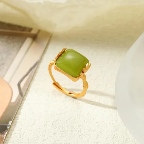Vista 5 de Zaycca Anillos chinos de jade de bambú para mujer, anillo étnico de cobre chapado en oro ajustable con apertura, Esmalte, No