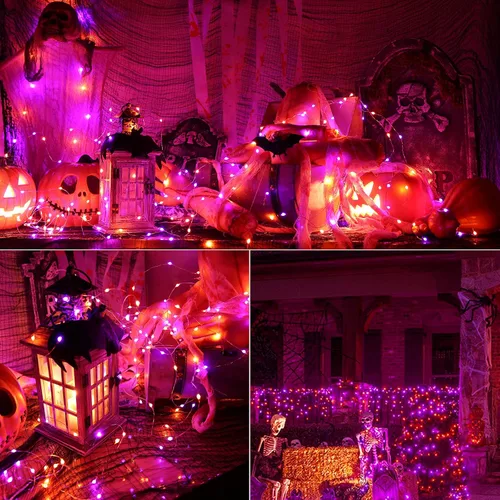 Vista 3 de BrizLabs luces de Halloween moradas y naranjas, guirnalda de luces de 17.48 pies con 50 LED para Halloween, con control remoto, 8 modos