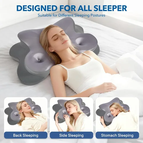 Vista 4 de Almohada cervical para aliviar el dolor de cuello, almohada ergonómica de espuma viscoelástica con funda de almohada de seda de hielo, almohada