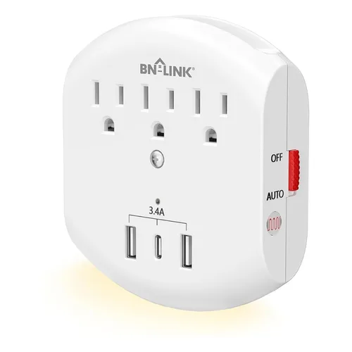 Vista 9 de BN-LINK Extensor de toma de corriente múltiple con 8 tomas, 3 puertos USB (1 USB C), protector de sobretensiones de 800 julios, divisor de enchufe