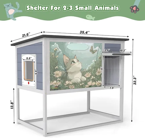 Vista 3 de Casa de madera elevada para gatos al aire libre, recinto resistente a la intemperie para gatos con techo que se abre, puerta cortada y puerta