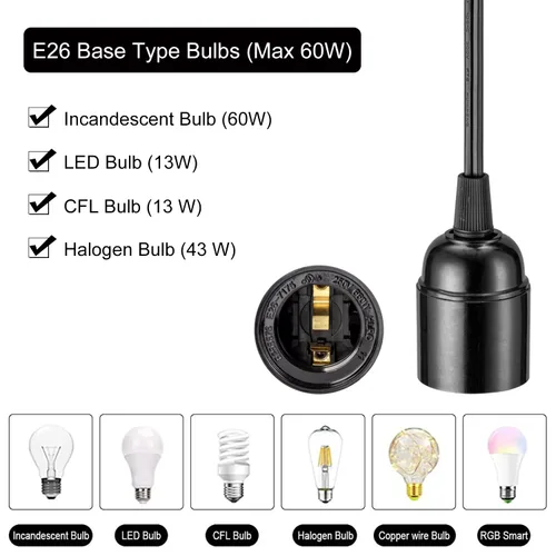 Vista 4 de Cable de luz colgante de extensión de 12 pies con portalámparas, cable de luz colgante con base E26, interruptor de encendido/apagado, enchufe Negro