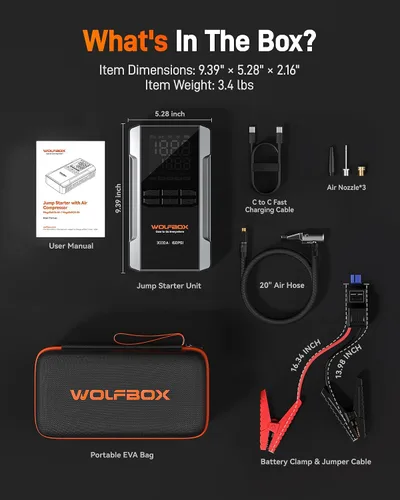 Vista 8 de WOLFBOX MV16A 3000A Arrancador de salto con compresor de aire, batería portátil de 59.2 Why 160PSI para automóvil con carga rápida de 65 W, paquete