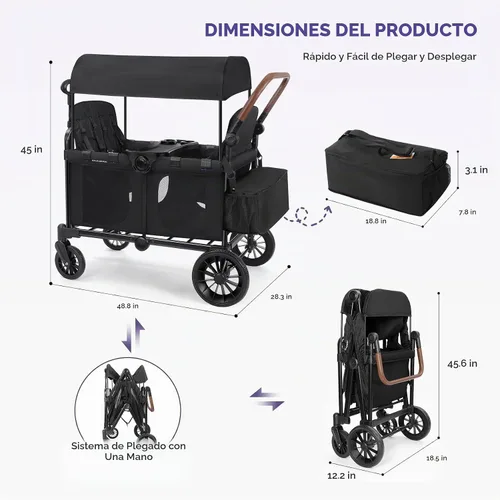 Vista 8 de ELEMARA Cochecito de 4 plazas, cochecito premium para 4 niños, plegable todo terreno para niños con toldo, asas ajustables de empujar/jalar, asiento
