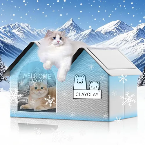 Vista 9 de Casa resistente para gatos con calefacción para invierno, casa para gatos al aire libre con aislamiento impermeable, con almohadilla térmica