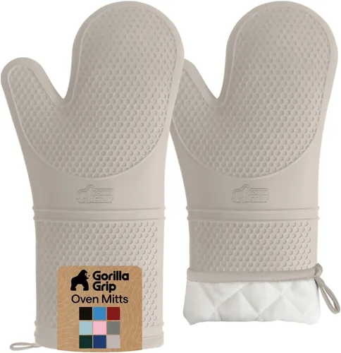 Vista 25 de GORILLA GRIP - Juego de guantes de horno de silicona suave sin BPA, guantes de cocina resistentes al calor e impermeables, forro de algodón grueso