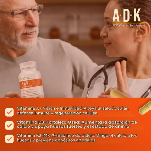 Vista 4 de INVITA, Suplemento vitamínico ADK – 90 cápsulas – Alta potencia de vitamina A, D3 5000 UI y K2-MK7 – Médico formulado para apoyo óseo, corazón e